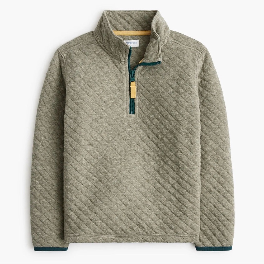 Crewcuts Quilted Half-Zip Pullover in Olive with Teal Trim